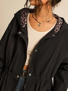 SHEIN VCAY 大码女式休闲时尚街头豹纹拼接拉链连帽抽绳长款外套，秋冬圣诞节西部风节日仙气乡村办公室波西米亚另类工作婚礼宾客商务休闲女式外套 - 彩色 - 查看 11