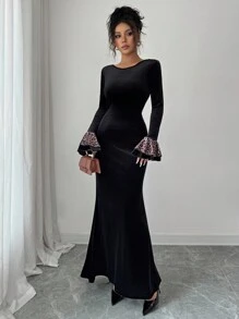 Elenzga Vestido elegante y romántico para mujer con cuello redondo, puños con volantes y estampado de leopardo en patchwork