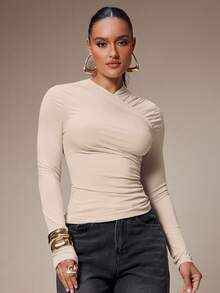 Silquee Camiseta ajustada con pliegues de unicolor para mujer