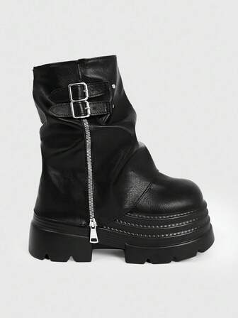 Grunge Punk Women's Dark Rock Punk Goth Boots, Pointed Toe Ankle Boots, Wedge Heel Thick Sole Buckle Strap Riding Boots, Ankle Boots And Short Boots