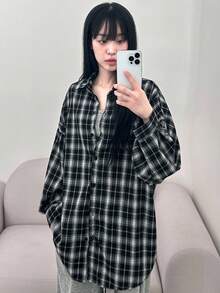 DAZY Versatile Loose Fit Turndown Collar Single-Breasted Plaid Long Sleeve Shirt Fall Tops