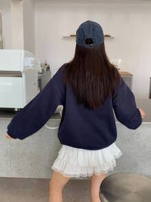SHEIN Teen Girls American Casual Vintage Star Color Block Splicing Sports Turndown Collar Fluffy Loose Sweatshirt For Spring, Autumn And Winter,Back To School Season Fall - Royal Blue - View 2
