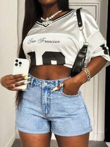 SHEIN SXY 大码女式蓝色高腰休闲夏季牛仔超短裤 - 中等水洗藍 - 查看 4