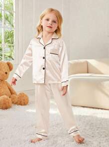 SHEIN Conjunto de pijama de satén con bloques de color y ribete de contraste para niña joven - Champán - Ver 4