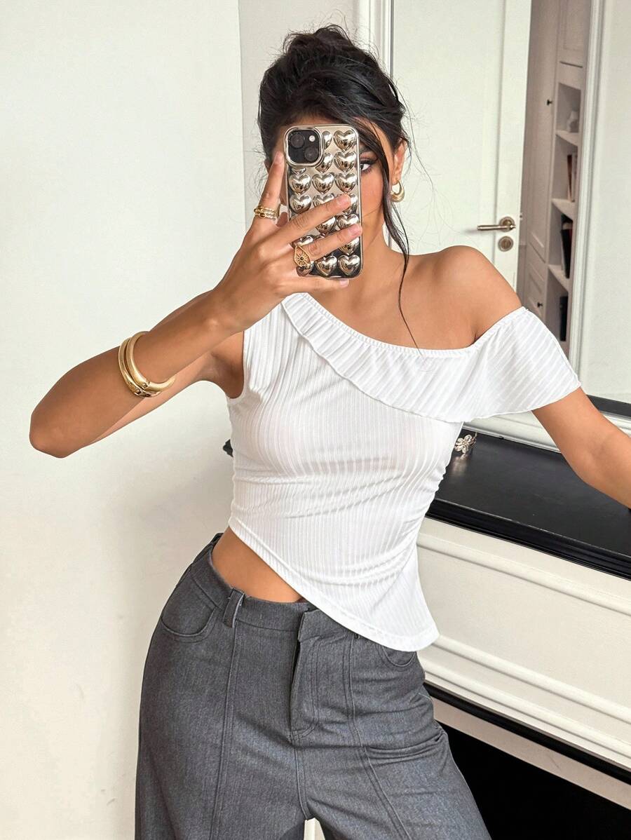 Roylia Country Concert Back To School Women's Fashion Lightweight Knit Asymmetrical Neck Ruffle Trim Fitted Blouse Asymmetrical Neck Top All White - White - View 1