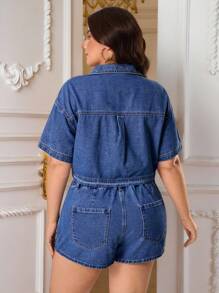 SHEIN Clasi Veste en jean grande taille pour femmes, Top en jean col, veste zippée à manches courtes élégante pour les vacances d'automne - Jean bleu - Voir 2