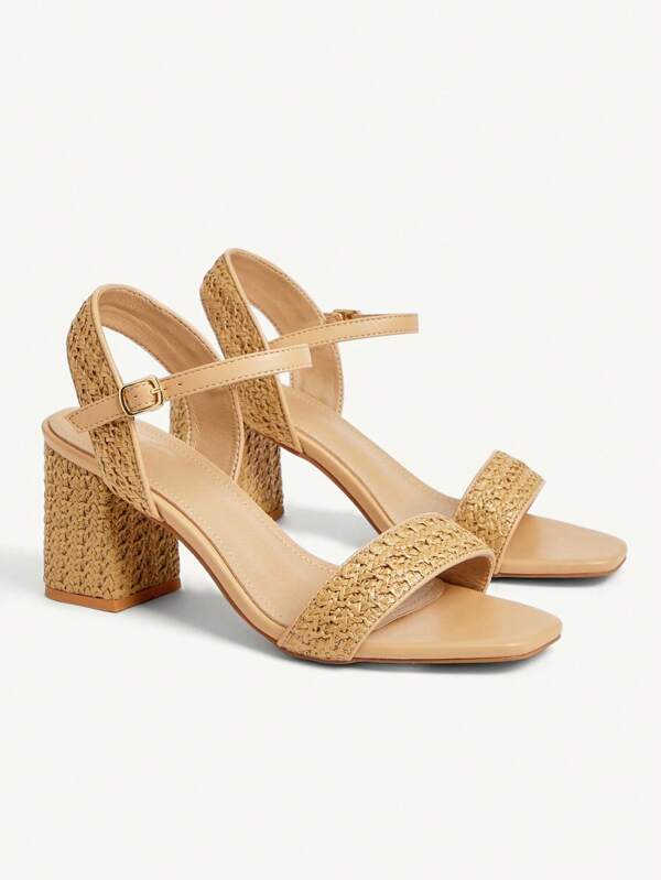 CUCCOO CHICEST Sandalias de tacón alto grueso con punta abierta y una hebilla elegante en color beige, versátiles para ir al trabajo, citas, fiestas y talla grande