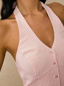 Poéselle Women's Woven Striped & Printed Halter Neck Top - Baby Pink - View 6