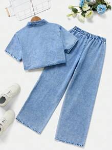 SHEIN Tween Girls New Spring/Summer Vacation Casual Comfortable Denim Set - Light Wash - View 2