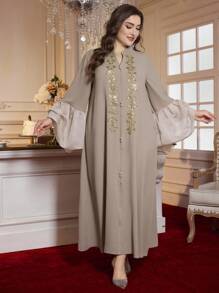 Al Najma Jubah Panjang Mewah Elegan Minimalis Berlengan Lentera Renda Kustom Ukuran Plus, Kaftan Sopan - Khaki - View 6