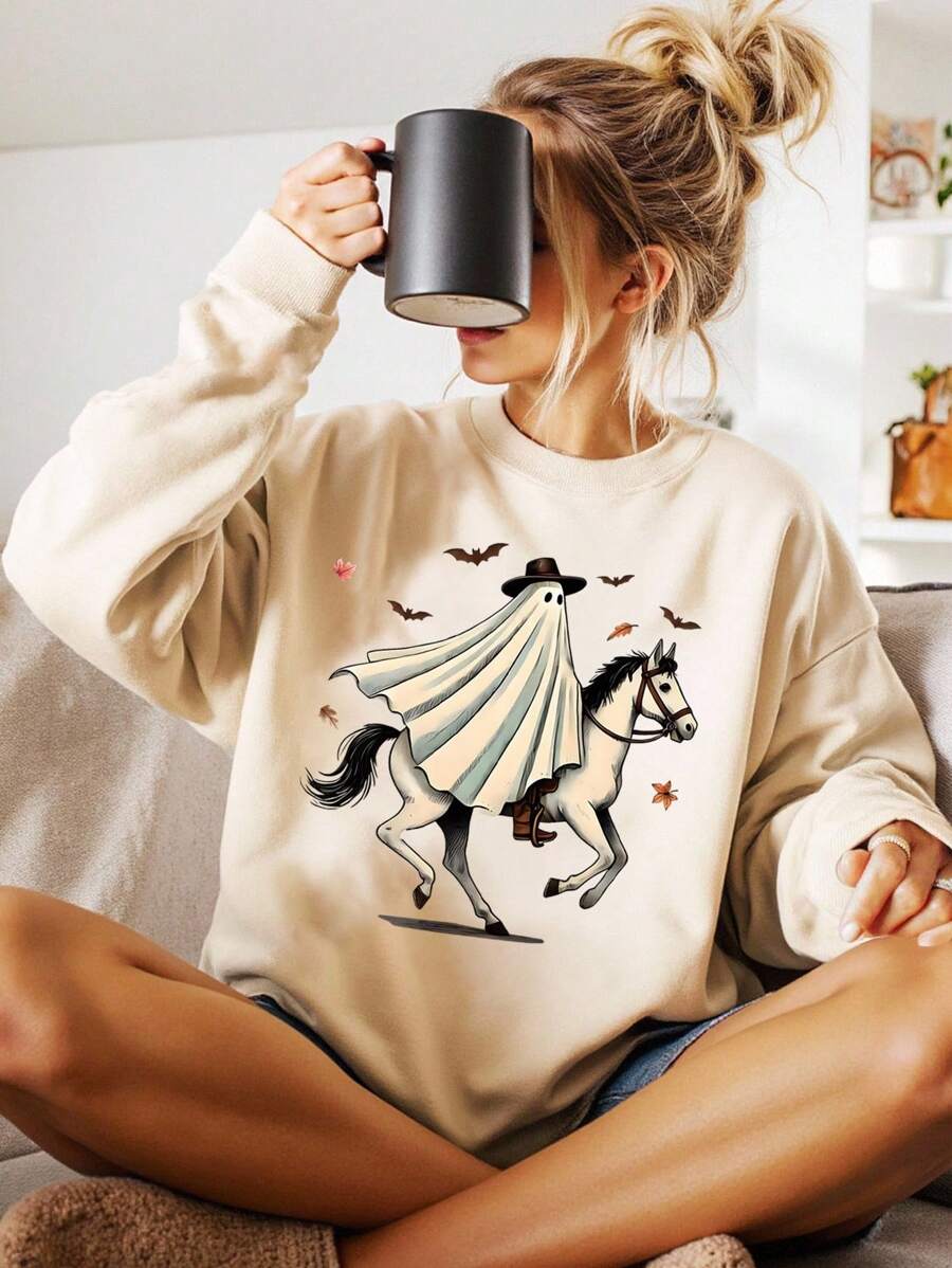 EMERY ROSE Plus Size Halloween Ghost Horse Graphic Drop Shoulder Sweatshirt Pullover Fall Winter Autumn - Apricot - View 1
