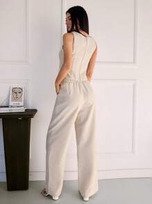 SHEIN Tall Bộ 2 món áo thun cổ tròn không tay màu trơn và quần xếp ly thường ngày cho nữ - Màu be - Xem 2