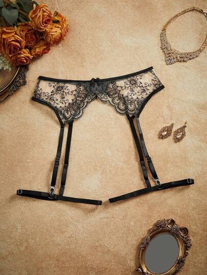 PinupPomp Women's Floral Embroidered Mesh Bow Decor Lingerie Accessories Garter Belt Lingerie Set Lace Garter Belt Lace Panty Set