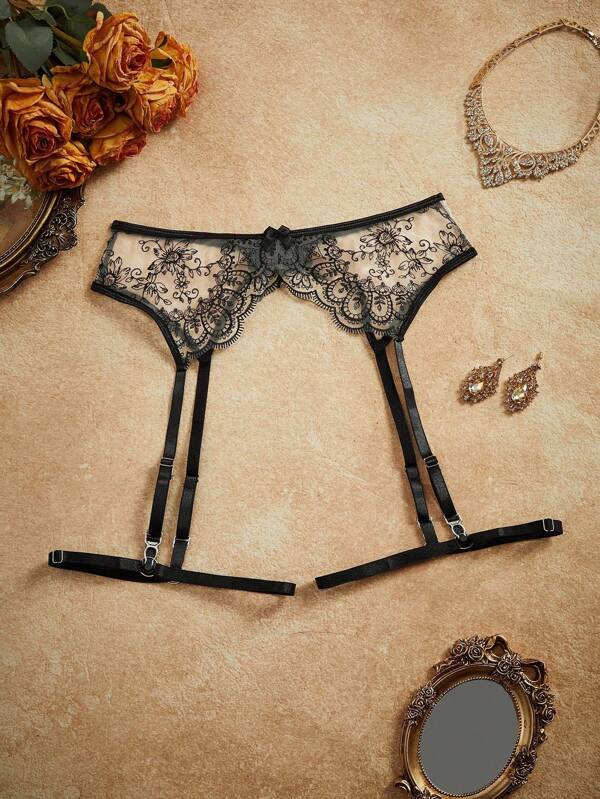 PinupPomp Women's Floral Embroidered Mesh Bow Decor Lingerie Accessories Garter Belt Lingerie Set Lace Garter Belt Lace Panty Set