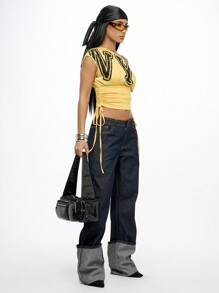 SUMWON WOMEN Turn-Up Wide Leg Raw Denim Jeans With Cuffed Hem Detail Vintage-Inspired High Rise Classic Street Style Fashion Y2K - Blue - View 6