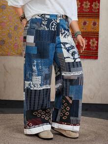 EMERY ROSE Jeans de pierna ancha con bolsillos y estampado de retazos para mujeres de talla grande en estilo casual de vacaciones - Multicolor - Ver 4