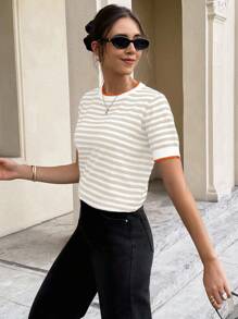 Serisse Color Block Striped Round Neck Short Sleeve Knit Top For Summer - Multicolor - View 6