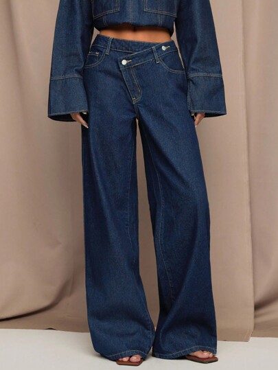 SHEIN BAE Women's Casual Washed Asymmetric Waist Wide Leg Jeans,Business Casual Woman,Work Pants,Wide Leg Jeans,Going Out,Fall Clothes For Women,Dark Blue Wide-Leg Denim Pants,Casual Trousers,Old Money Women