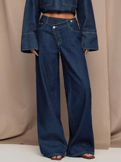 SHEIN BAE Women's Casual Washed Asymmetric Waist Wide Leg Jeans,Business Casual Woman,Work Pants,Wide Leg Jeans,Going Out,Fall Clothes For Women,Dark Blue Wide-Leg Denim Pants,Casual Trousers,Old Money Women