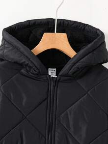 SHEIN Kids/Tween Boy Casual Black Winter Hooded Zip-Up Thick Woven Parka,Padded Coat With Patch Decor,Suitable For School,Club,Garden,Birthday,Autumn,Fall - Black - View 4