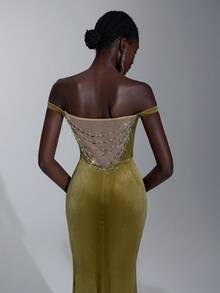 Elitara Elegantes vintage Samt-Kleid, Off-Shoulder Ausschnitt, rückenfreiem Design, Perlenbesatz und Meerjungfrauensaum, geeignet für Partys, Geburtstage, Bälle, Cocktail-Tees, Geschäftsveranstaltungen, Galas und andere formelle Anlässe - Armeegrün - Übersicht 1