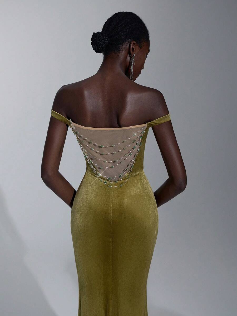 Elitara Elegantes vintage Samt-Kleid, Off-Shoulder Ausschnitt, rückenfreiem Design, Perlenbesatz und Meerjungfrauensaum, geeignet für Partys, Geburtstage, Bälle, Cocktail-Tees, Geschäftsveranstaltungen, Galas und andere formelle Anlässe - Armeegrün - Übersicht 1