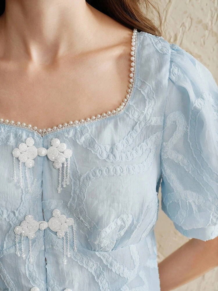 Women's Pearl Collar Button-Up Blouse With Puff Sleeves, New Summer Style
