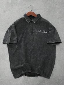 Manfinity EMRG 1pc Men Letter Pattern Zipper Acid Wash Polo Shirt