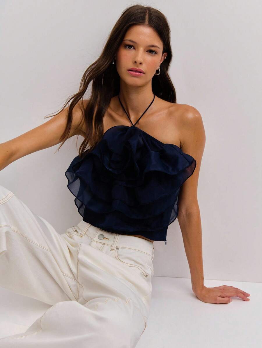 Women's Solid Color Exaggerated Ruffle Halter Neck Tank Top - Navy Blue - View 1