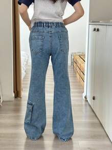 Tween Girls Y2K Style Vintage Washed Denim Jeans, Multi-Pocket Design, Fashion Flare Leg, Side Pocket Patchwork, Autumn New Arrival - Medium Wash - View 2