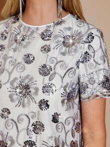 Amorya Women's New Elegant High-End Beaded Embroidery Round Neck H-Line Dress, Suitable For Various Figures, Short Style, Suitable For Party, Daily, Afternoon Tea And Multiple Occasions Sequin Dress Mini Dress Cocktail Dress Party Dress Sequin Dress For Women Christmas