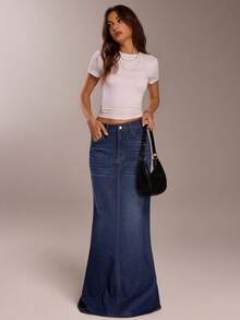 SHEIN Forever 21 夏季、秋季和冬季女士蓝色水洗宽松/高腰/A 字型/Y2k/女士下装/高腰女士牛仔裤/宽松女士牛仔裤/直筒牛仔裤/超长牛仔裙 - 寶藍色 - 查看 6