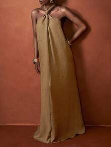 Zivah Váy maxi hai tông màu đỏ nâu bằng sợi tre dáng chữ A rộng thùng thình cho nữ - Rỉ Nâu - Xem 4