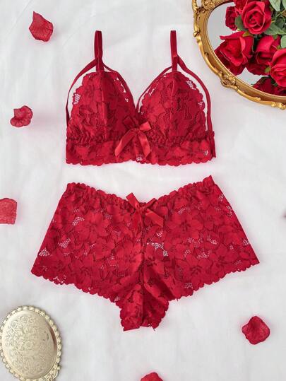 Bloemen Kanten Cut Out Bow Front Verleidelijke BH Boyshorts Lingerie Set Tie view 6
