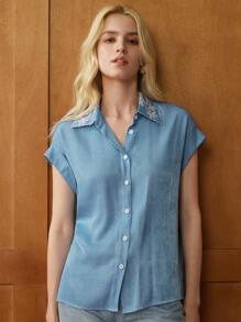 Écloséra 镂空领绣花纽扣前休闲短袖衬衫，夏季 - 藍色 - 查看 4