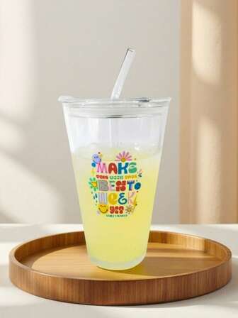 SmileyWorld® | SHEIN 450毫升透明玻璃杯，带字母和卡通图案，生日或节日的优雅礼物