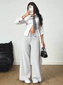 SHEIN Tall Casual Fashion Versatile Simple Wide-Leg Button Women Jeans - Grey - View 7