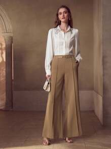 MOTF PREMIUM QUẦN TRANG TRÍ KIM LOẠI PINTUCK - Màu Khaki - Xem 5
