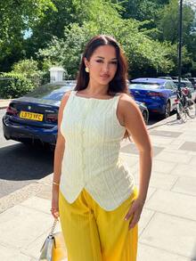 NegzBox 女式简约纹理前扣方领无袖衬衫，夏季 - 黃色 - 查看 4