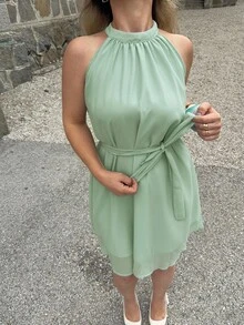 Jeta Ari Women's Solid Color Pleated Short Halter Dress, Casual Holiday Dresses For Wedding Event - Mint Green - View 3