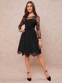 Amorya Elegante abito da donna a tinta unita con inserti in pizzo e maniche lunghe - nero - Visualizzare 5