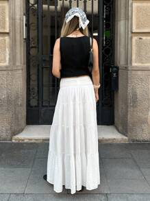 SHEIN EZwear Women's White Casual Vacation Style Solid Color Knotted Drawstring Waist Tiered Hem Maxi Skirt,Western Women Wear