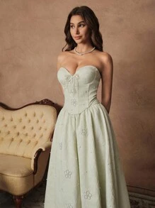 SHEIN Unity Green Elegant Romantic Pearl Texture Bustier Top And A-Line Skirt Set, Wedding Guest Dress, Off-The-Shoulder Fairy Dress - Green - View 3