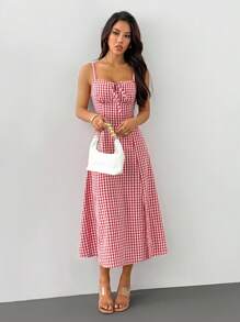 SHEIN PETITE 女士格纹吊带中长连衣裙，时尚适合夏季女士夏季连衣裙