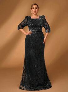 Serin Vestido formal de sirena con mangas medianas, elegante y romántico, con encaje muy adornado con cuentas y rhinestones, apropiado para gala, banquete, madre de la novia, talla grande