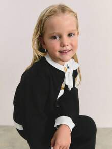 Maija Kids Maija Kids 2件套少女蝴蝶结装饰撞色开衫和裤子套装 - 黑與白 - 查看 6