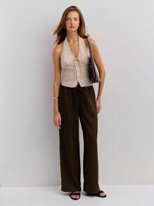 Nöista 浅色条纹露背上衣，带有蝴蝶结细节和前纽扣 - 非常适合乡村女装、校服和秋季女装。 - 棕色 - 查看 7