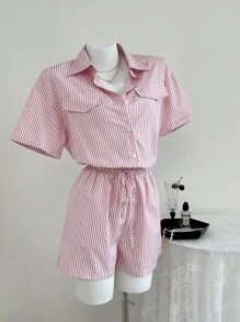 SHEIN Unity 女式条纹收腰短袖衬衫连体裤，带口袋，夏季 - 粉色 - 查看 3