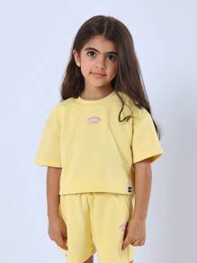夏季休闲露脐上衣和短裤套装 儿童加州俱乐部度假两件套街头运动时尚服饰 假日活力运动服 - 黃色 - 查看 3