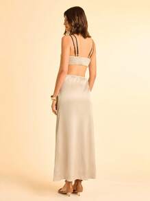 CAJUNI Vestido largo con espalda descubierta y ribete de color contrastante, sexy para el verano - Albaricoque - Ver 3